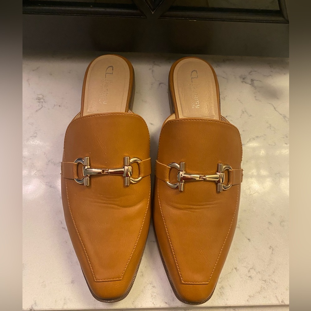 CL by Laundry Cognac Leather Slip-On Mules with Gold Bit Accent size 10